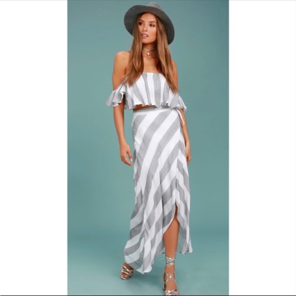 Lulus Grey and White Striped Off-the-Shoulder Crop Top and skirt
